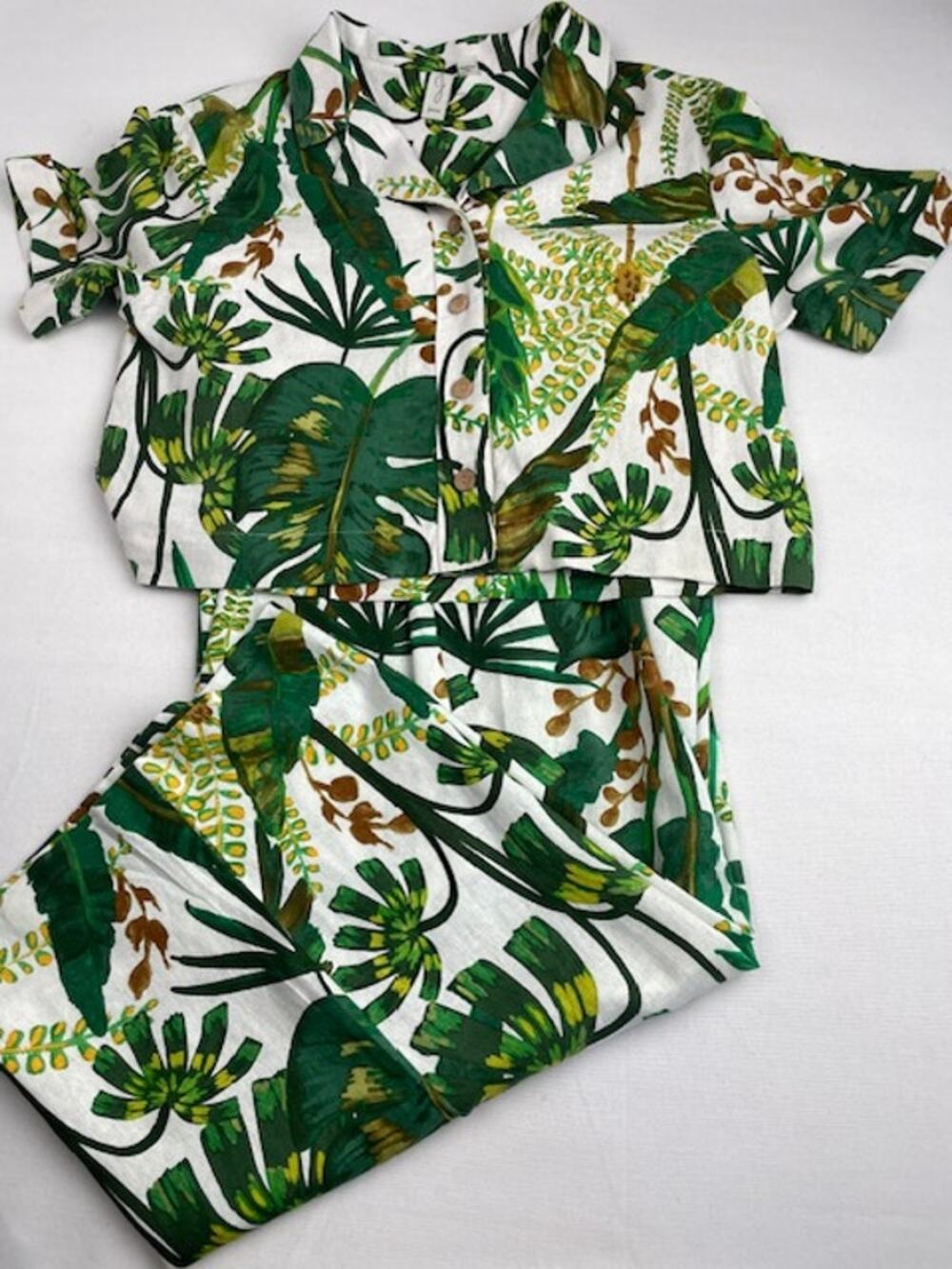 Joie Tropical Botanical Linen Blend 2 Piece Set Top 10 Pants 12 Green